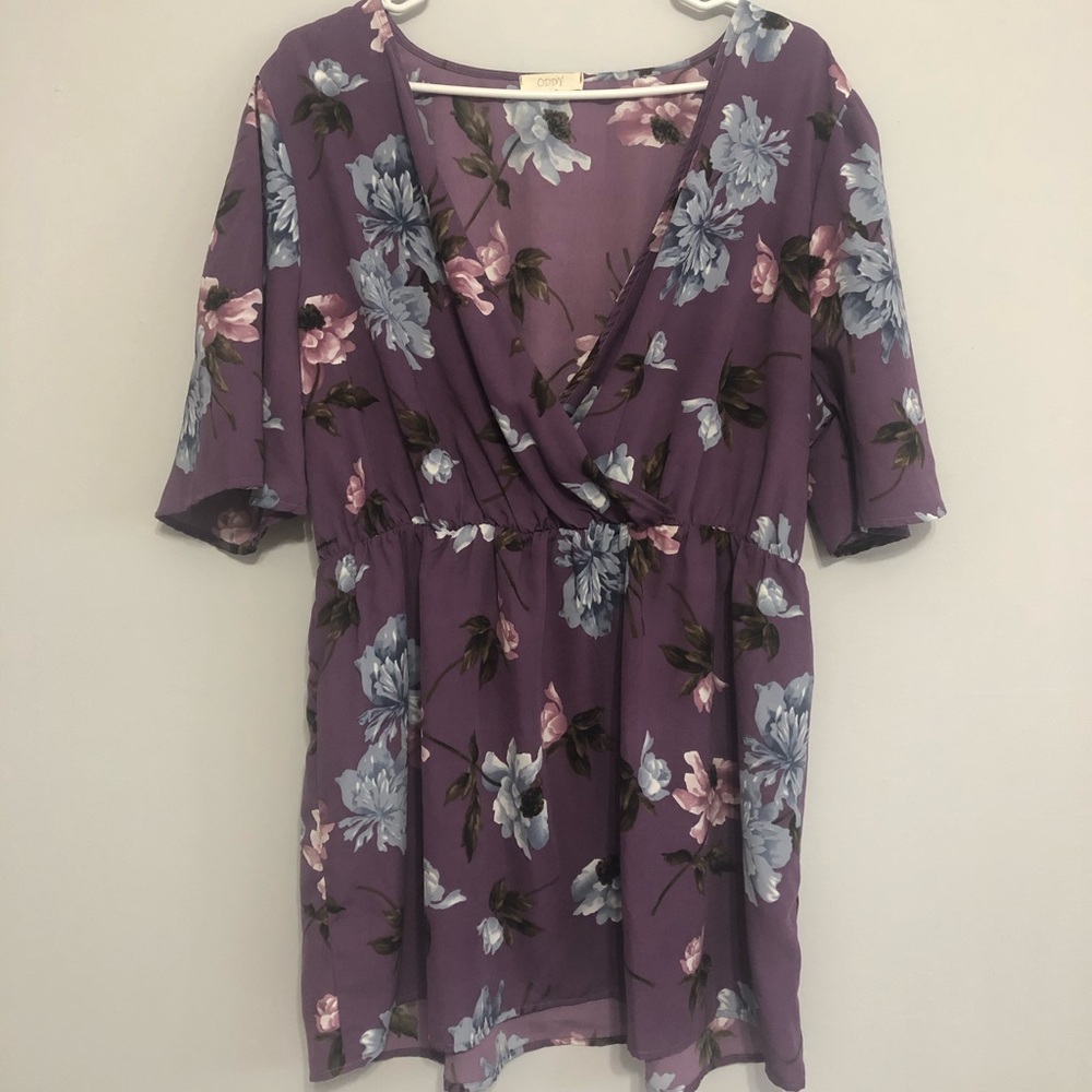 Tunic length faux wrap blouse